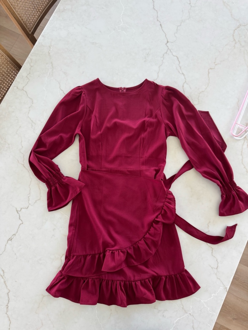 Wine Red Ruffle Wrap Mini Dress